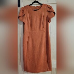 Calvin Klein rust/orange faux suede sheath dress with a tailored silhouette.
